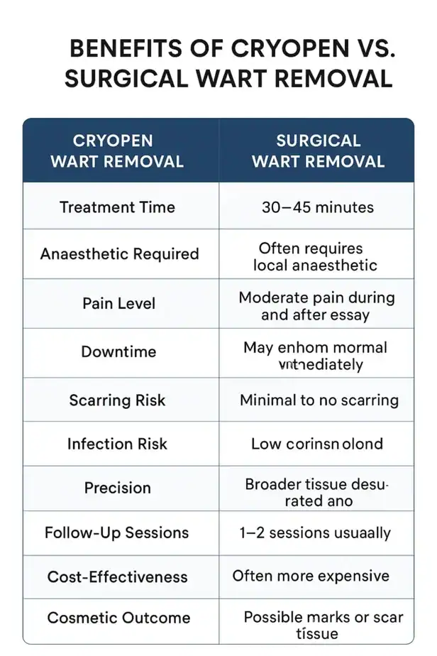 Table showing the benefits of cryopen to remove warts Leicestershire compared to surgical treatment